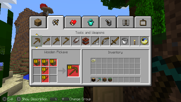 Minecraft PS Vita Edition — crafting interface on the handheld console